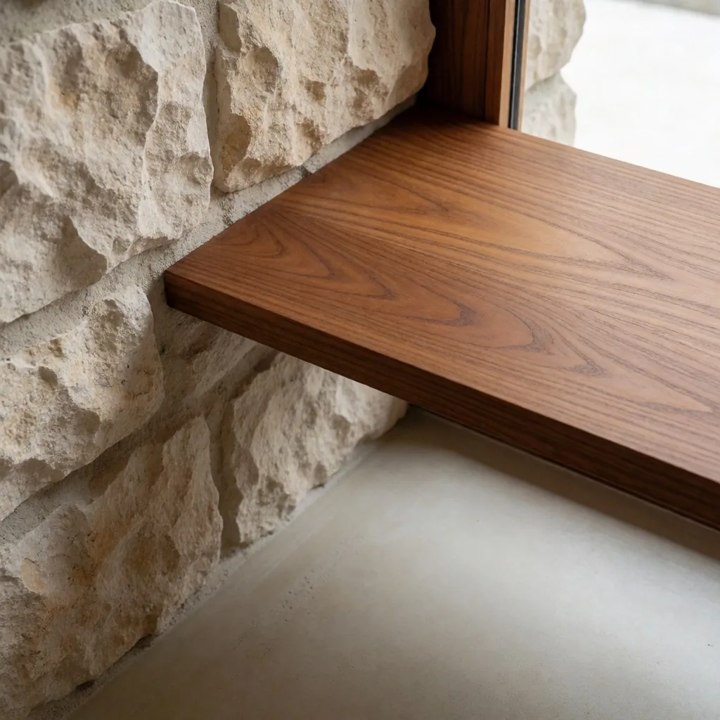 Detalle de acabados en madera teak y piedra natural en apartamento renovado