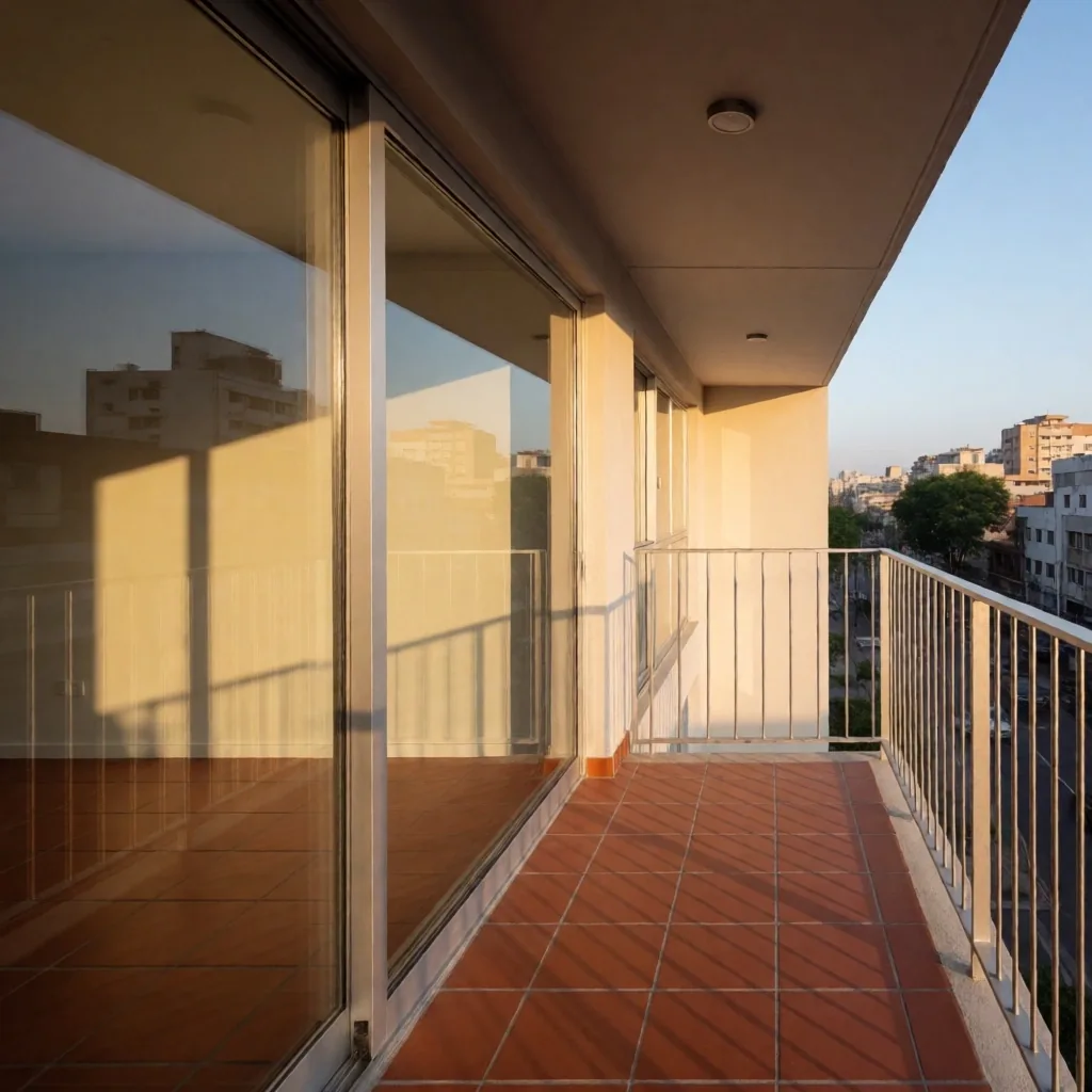 Interior de apartamento restaurado con luz cálida de tarde