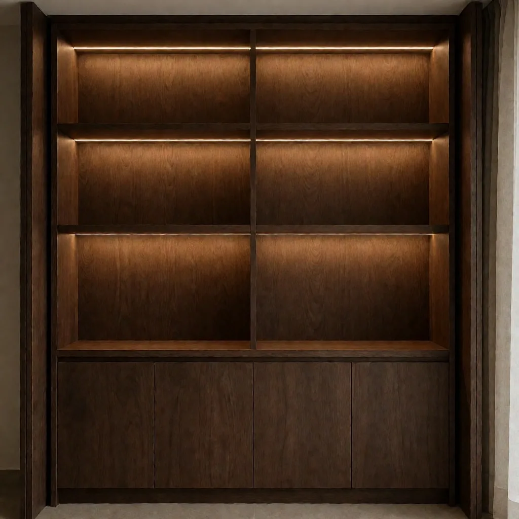 Biblioteca de carpintería fija en madera maciza con líneas limpias