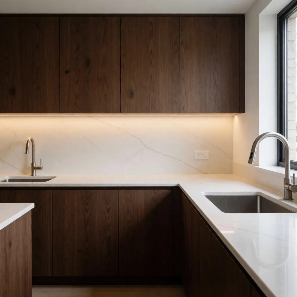 Cocina integral renovada con gabinetes de madera y encimera de cuarzo