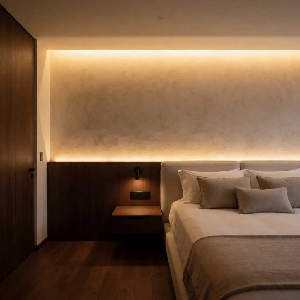 Esquema de iluminación LED perimetral e indirecta en apartamento renovado