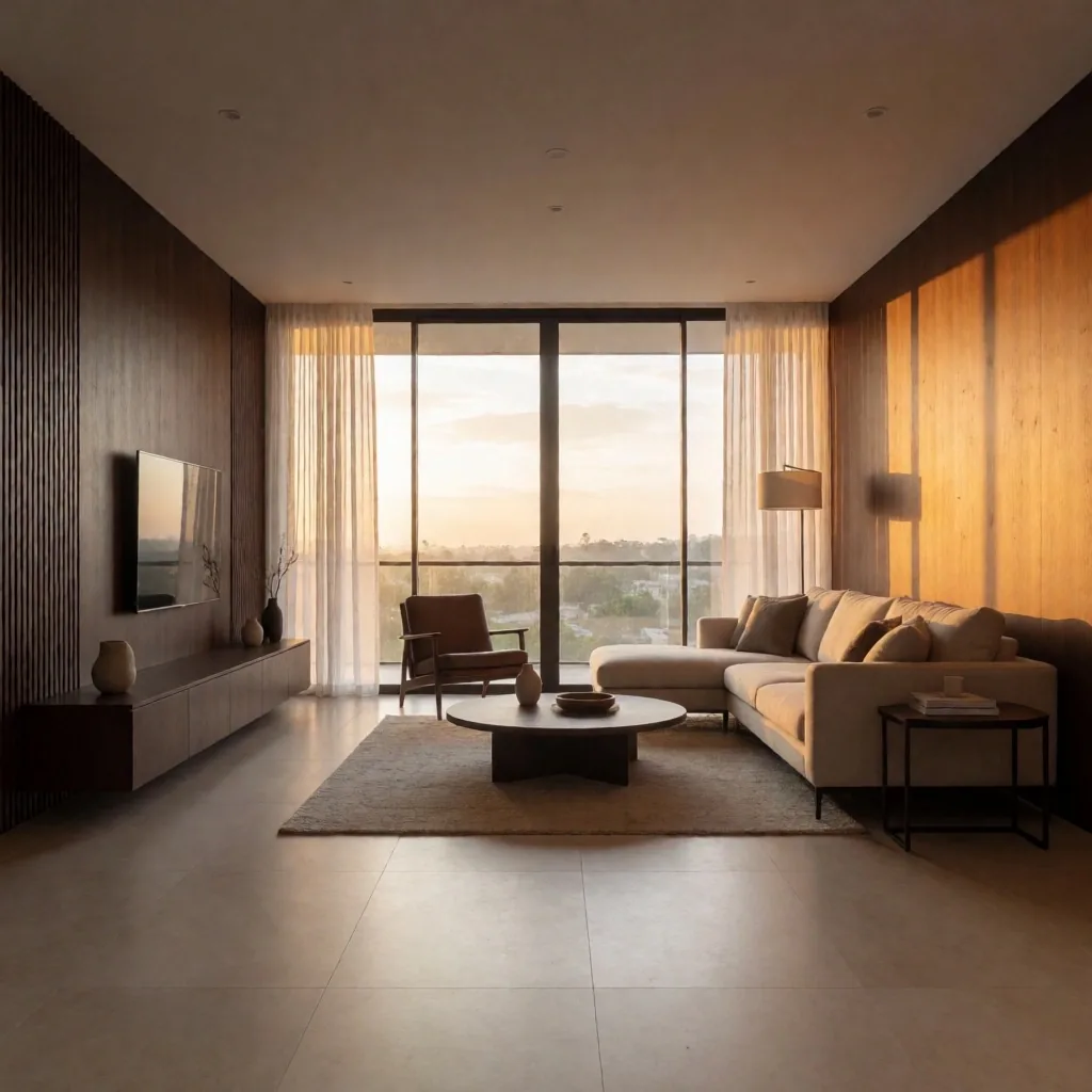 Sala de estar renovada en un apartamento de Cali con luz natural cálida