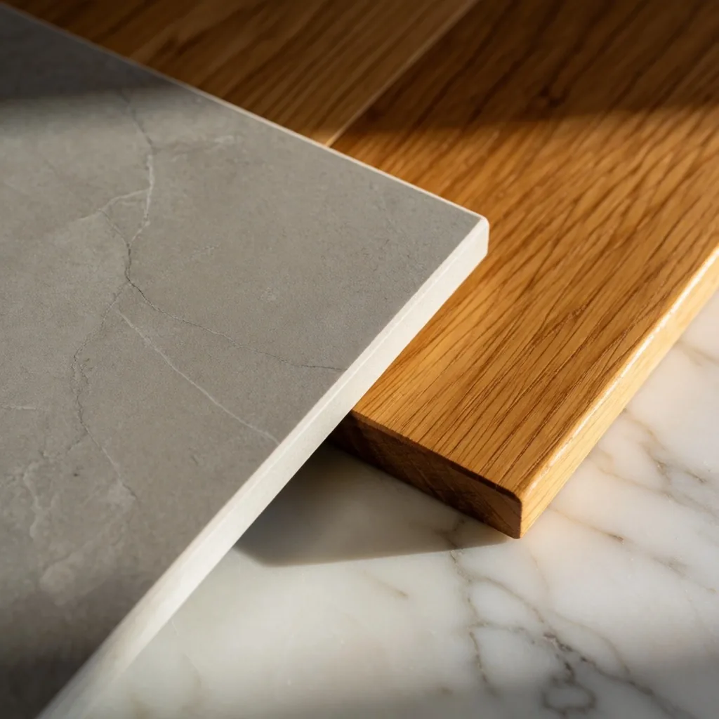 Texturas de porcelanato, madera y piedra natural para renovación de interiores