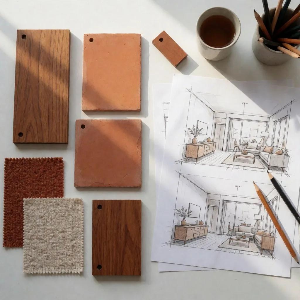 Mesa de trabajo con esquemas de diseño y muestras de materiales