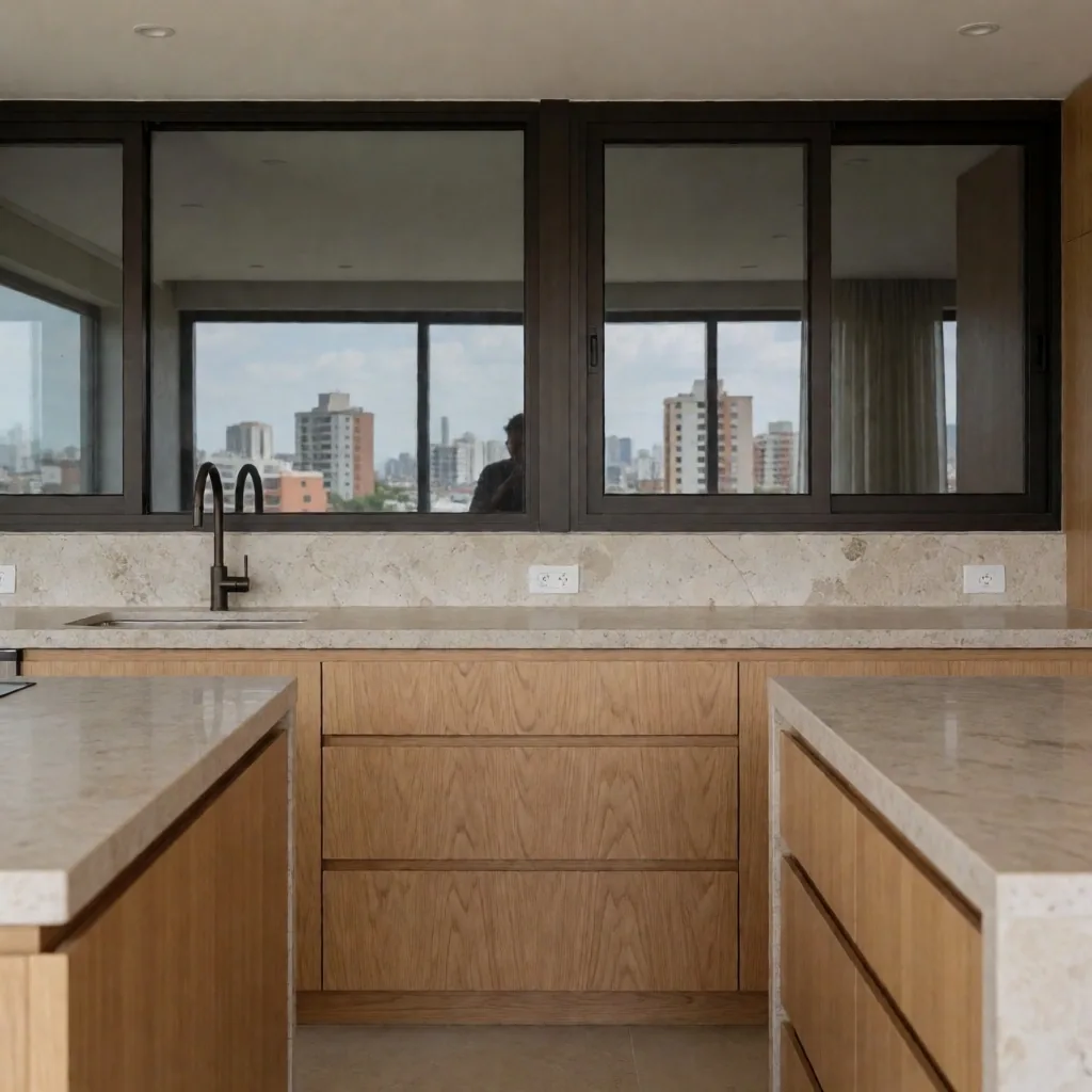 Cocina renovada con encimeras de piedra y gabinetes de madera