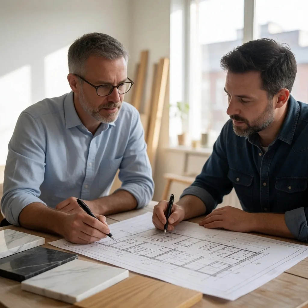 Equipo de diseño revisando planos de renovación de apartamento