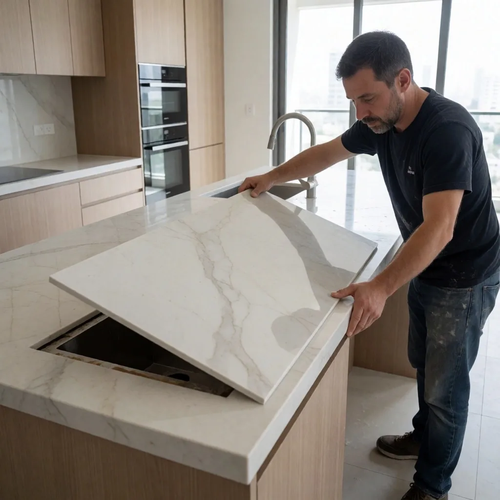 Instalación de porcelanato de gran formato en obra de renovación