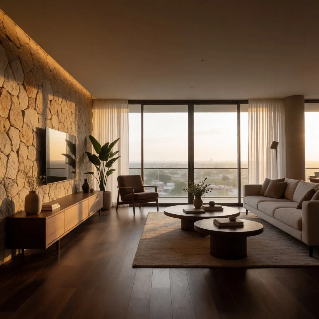 Sala de apartamento renovado con acabados de madera y luz natural