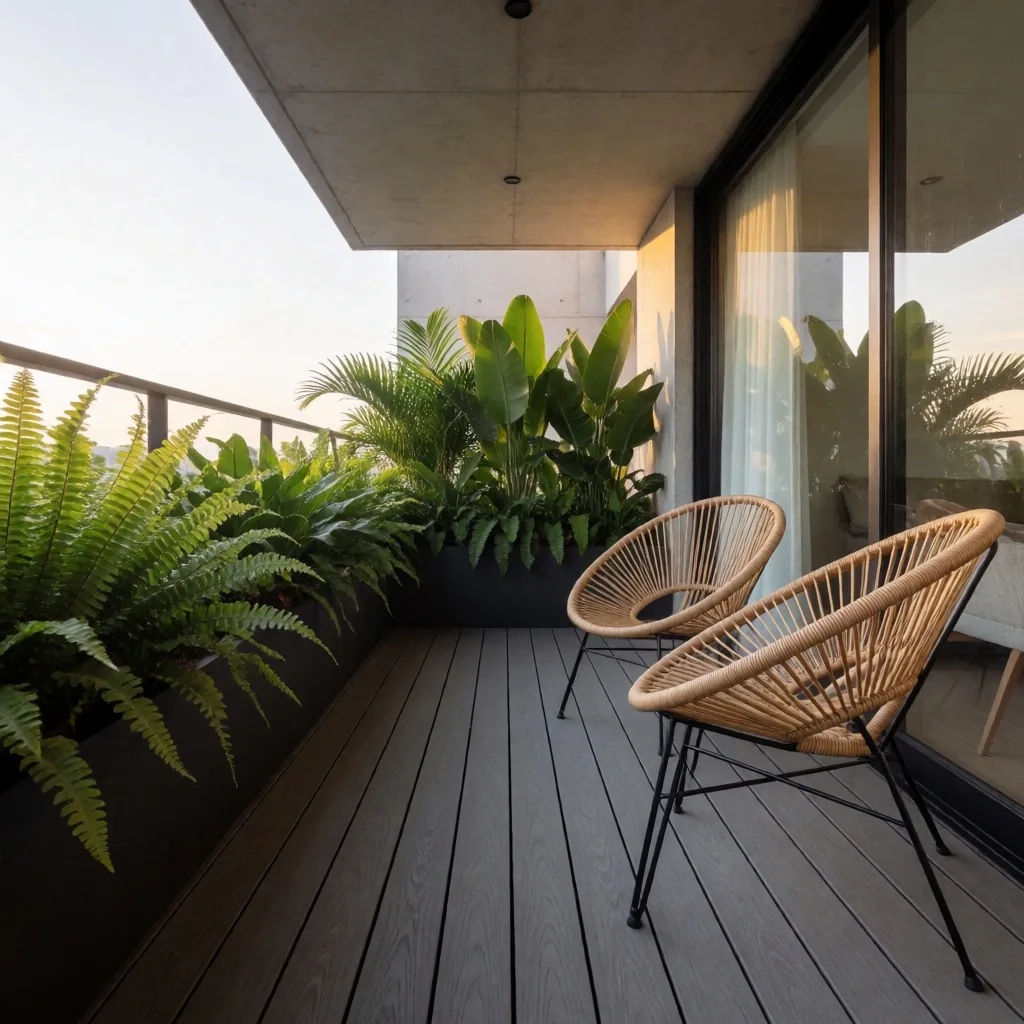 Balcón restaurado con deck sintético y jardineras integradas
