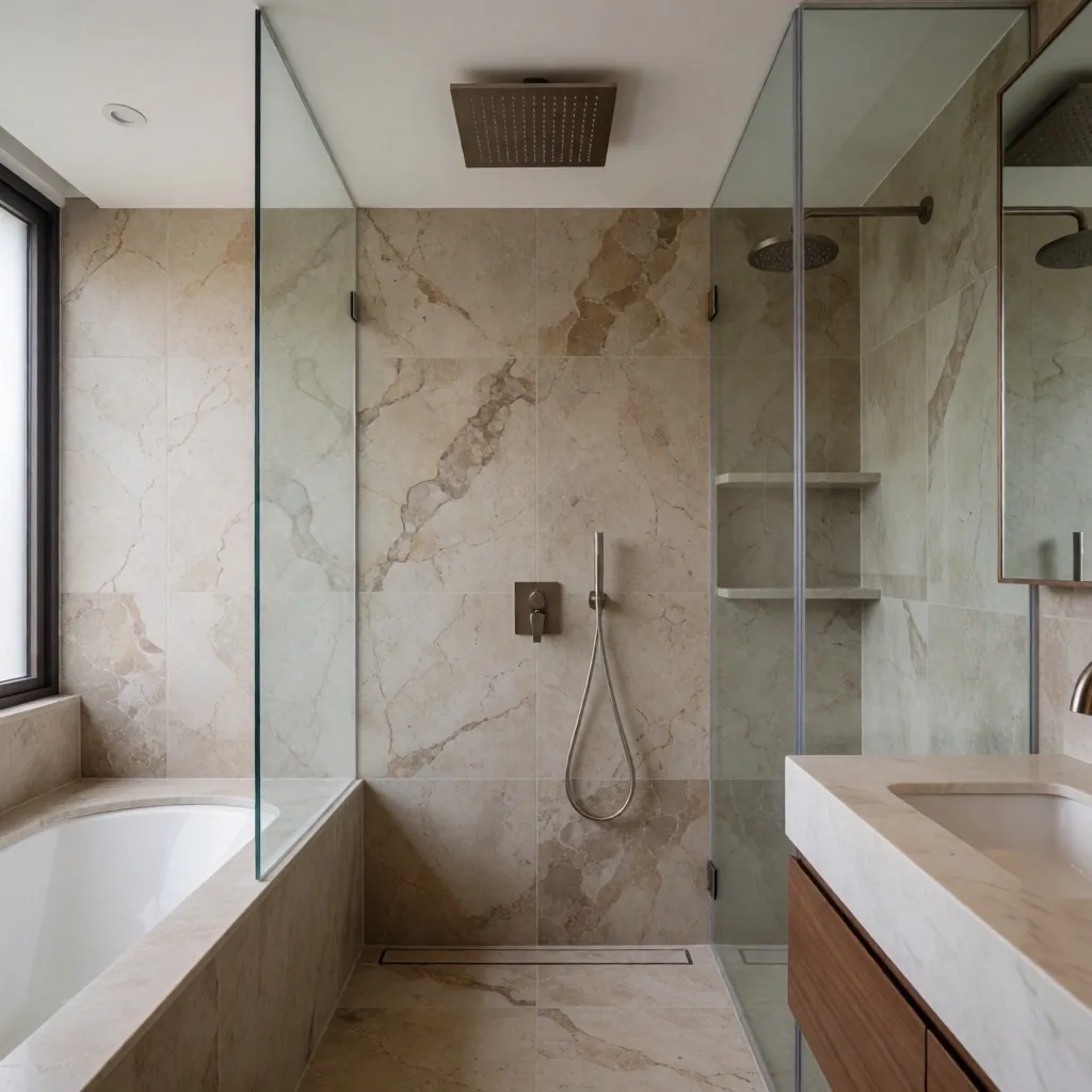 Baño con texturas pétreas y ducha tipo lluvia