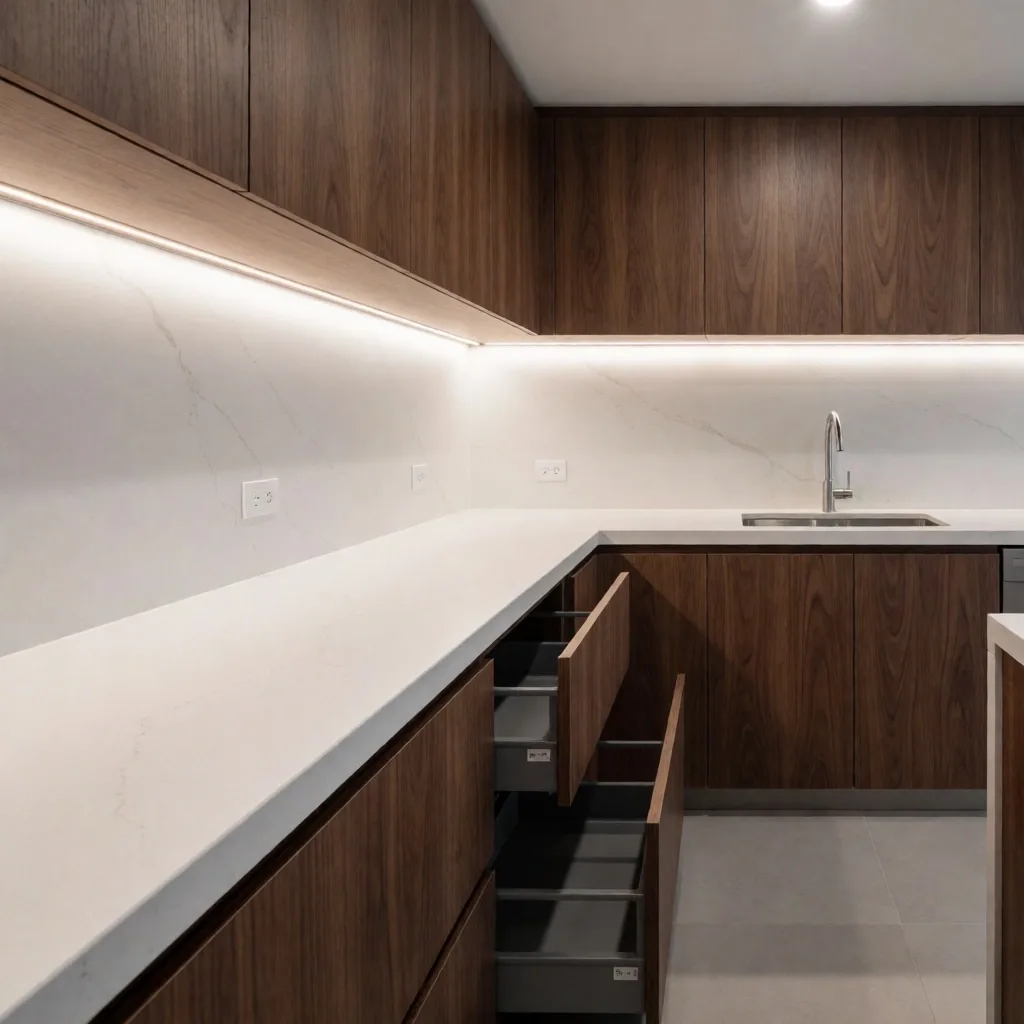 Cocina integral con encimera de cuarzo y cajones extraíbles