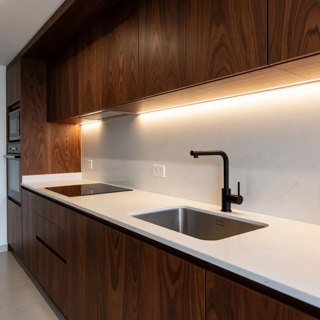 Cocina integral con encimera de cuarzo y gabinetes de madera