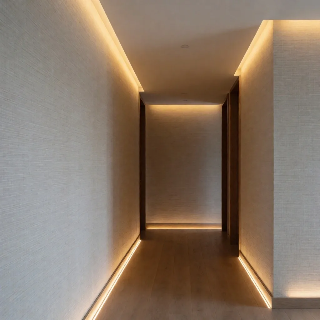 Pasillo con iluminación indirecta y papel tapiz texturizado