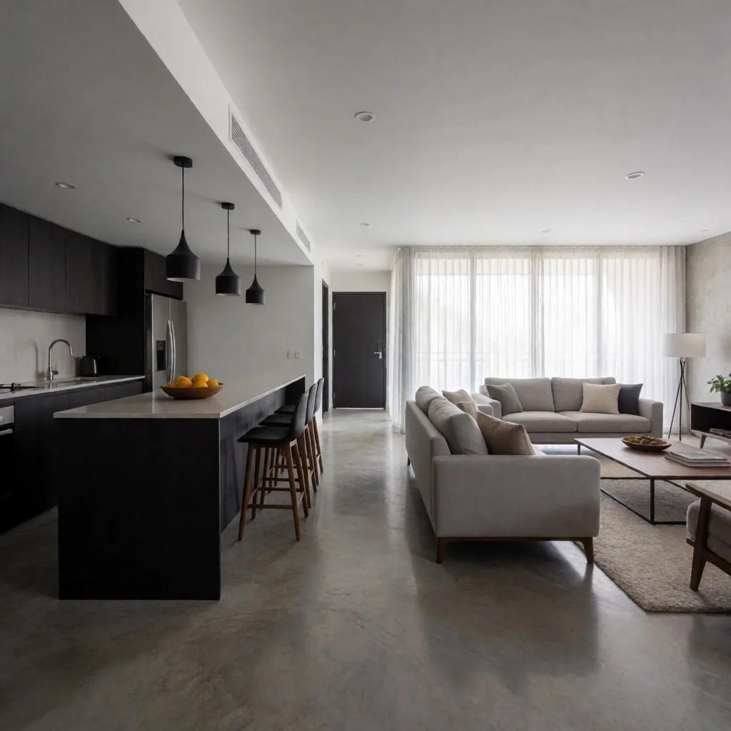 Sala contemporánea con cocina integrada y pisos de concreto pulido