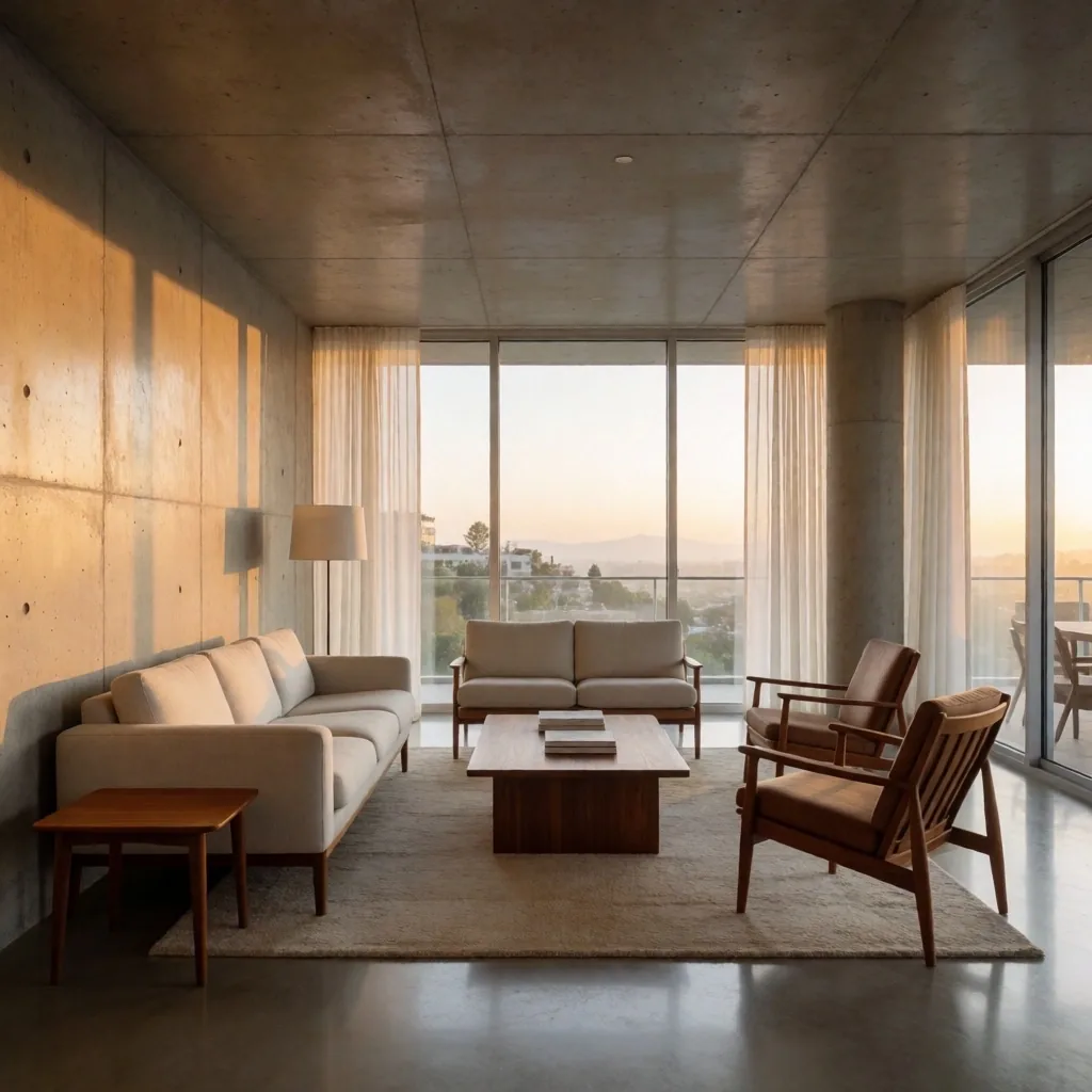 Sala de apartamento renovado con acabados de concreto pulido y luz de atardecer