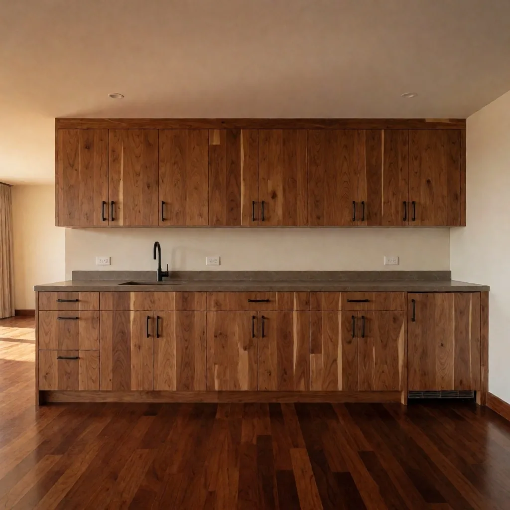 Salón de penthouse con bar de cedro y pisos de madera
