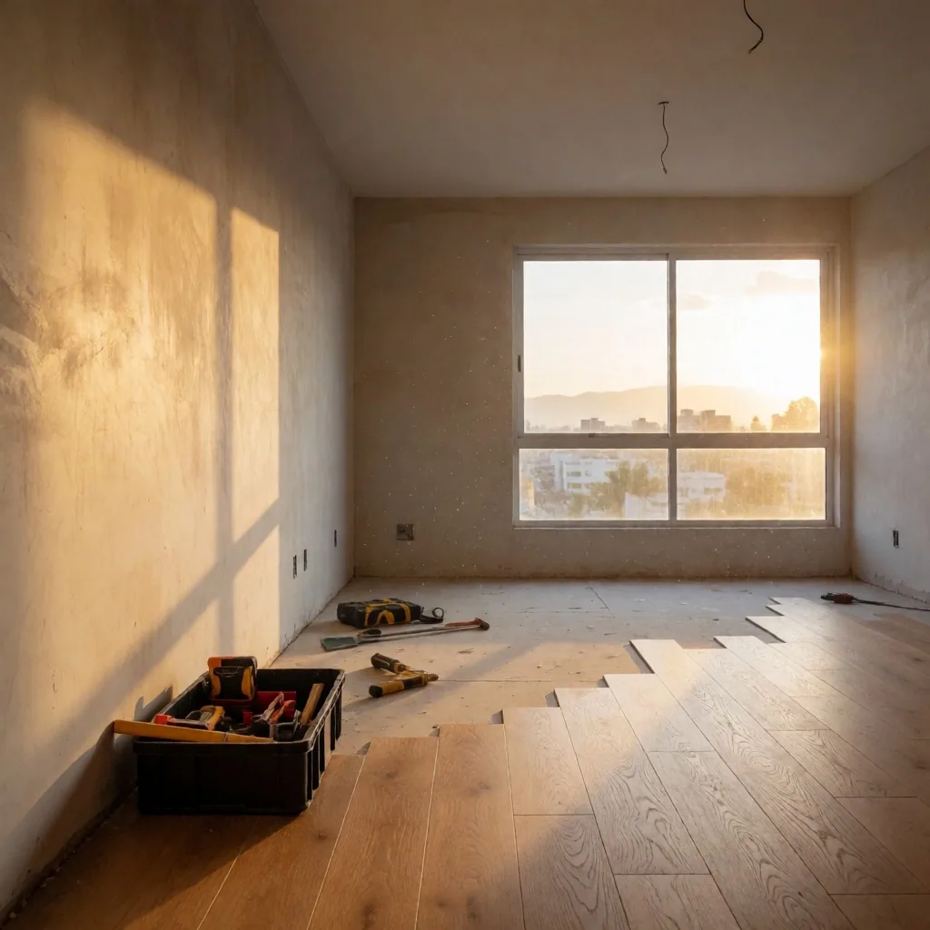Apartamento en proceso de renovación con luz de atardecer
