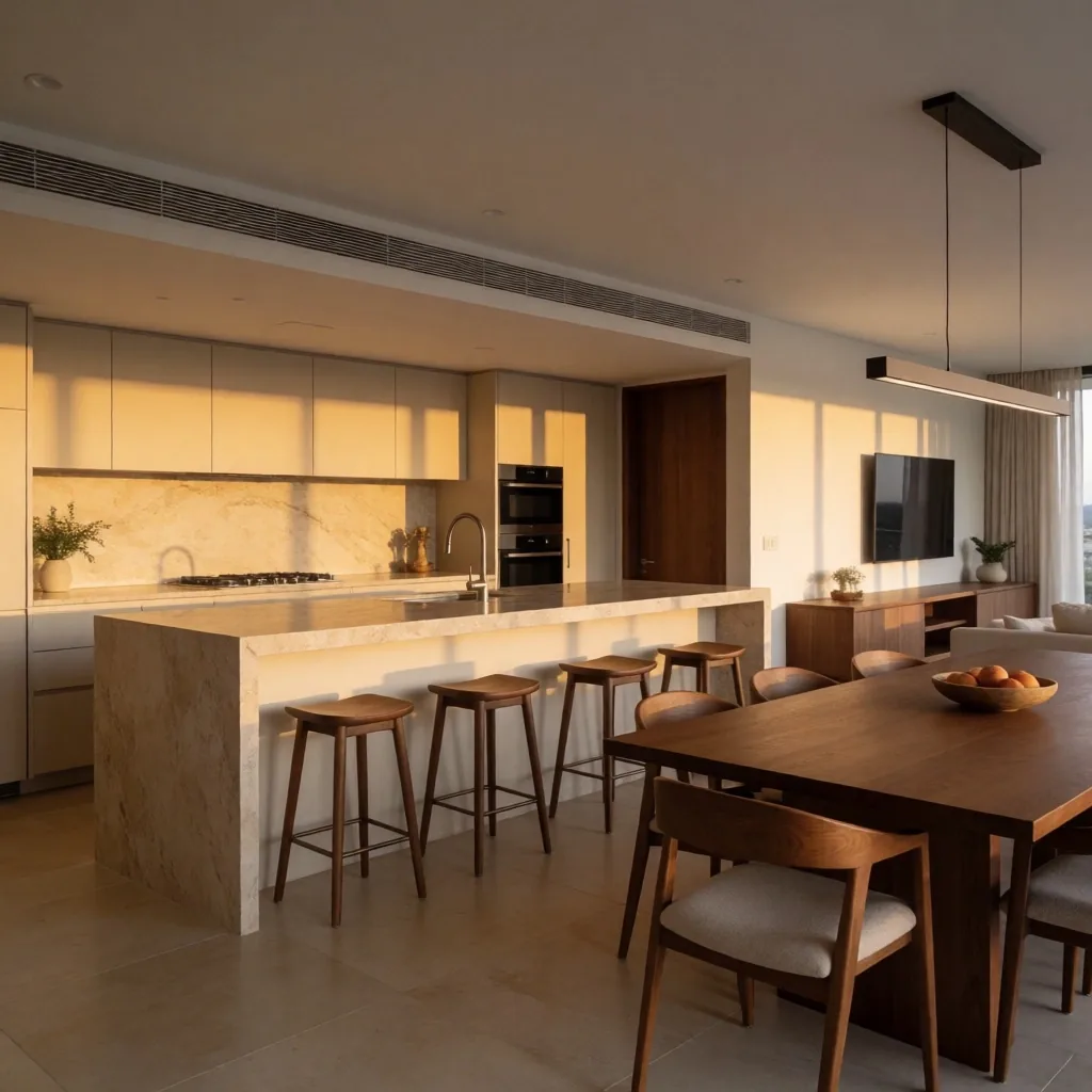 Interior de apartamento renovado con luz de atardecer en Cali