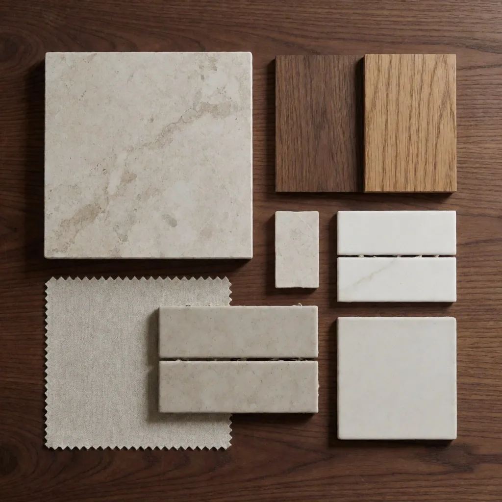 Muestras de materiales de acabados sobre madera