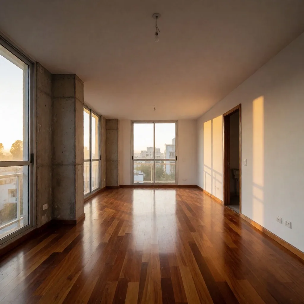 Interior de apartamento en renovación con piso de teak y luz de tarde