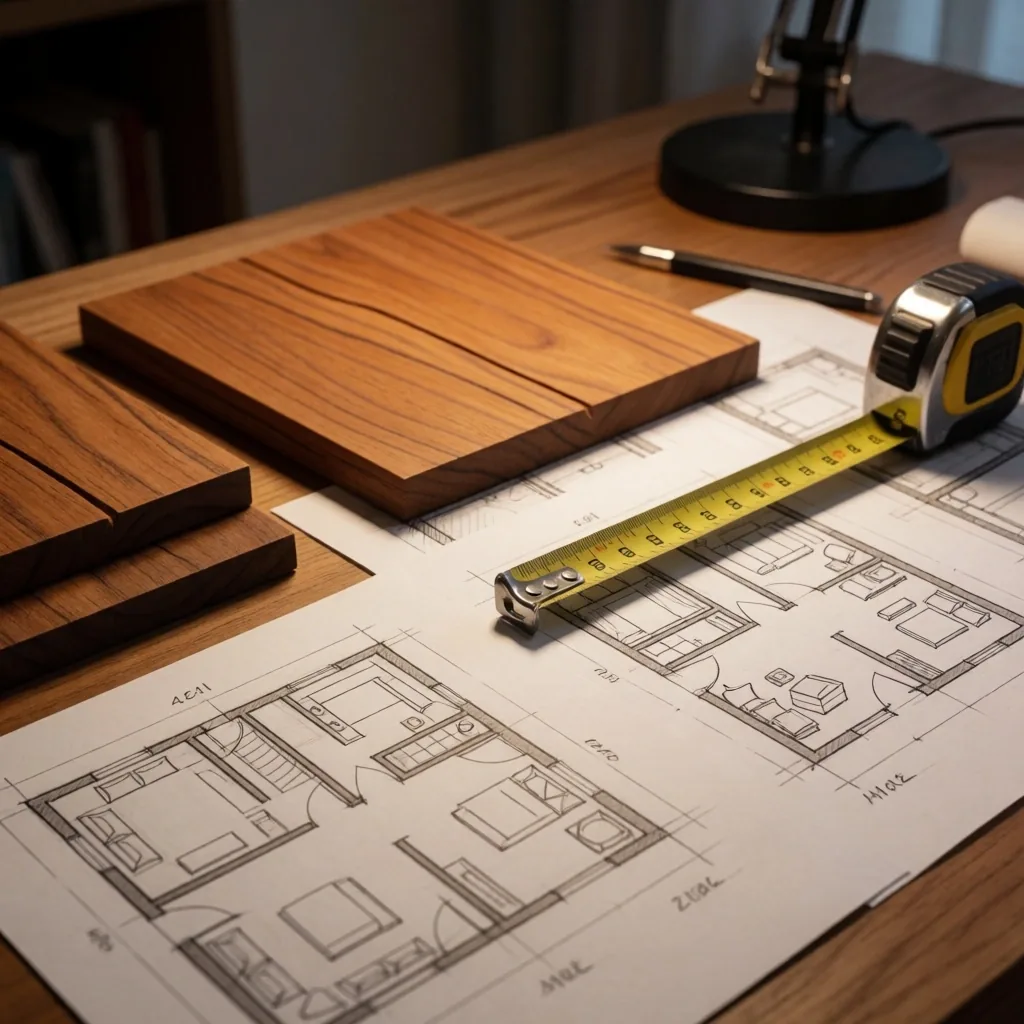 Mesa de trabajo con muestras de madera y notas de un proyecto de renovación